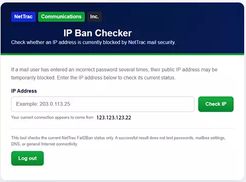 NetTrac IP Ban Checker showing blocked IP address checking and whitelist options